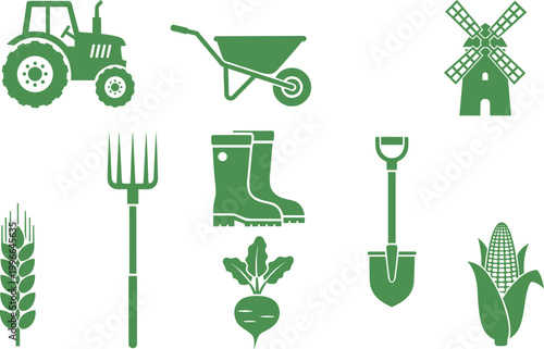 Minimalist Green Agricultural Silhouettes Wheelbarrow Garden Tools Vegetables and Windmill Vector Set