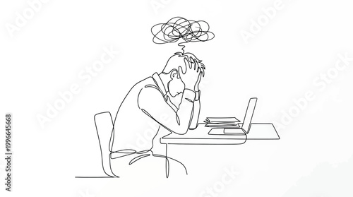 Photos Continuous line drawing of a stressed businessman sitting at a desk with a lapto