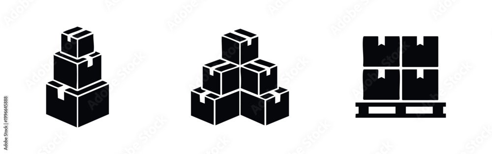 Obraz premium Set of black silhouette icons depicting stacked cardboard boxes and cargo on a pallet for logistics, warehouse, shipping, and delivery themes.