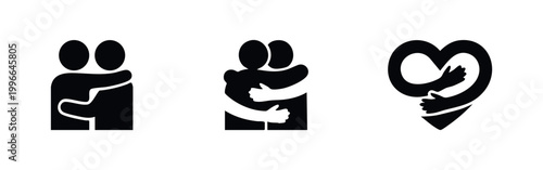 Foto A collection of three black silhouette icons depicting hugging, empathy, and love, featuring people embracing and a heart with hugging arms
