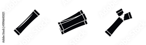 Black icons of sugar or salt stick sachets: single closed packet, a stack, and a torn open pack. Minimalist vector design on white background.