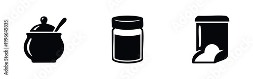 Set of three black and white minimalist icons representing kitchen storage containers: a sugar bowl, a jar, and a food dispenser.