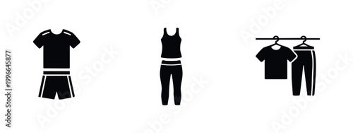 Set of minimalist black silhouettes of sportswear including t-shirts, shorts, leggings, and tracksuits on hangers. Ideal for fitness and gym icons.