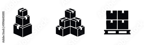 Set of black silhouette icons depicting stacked cardboard boxes and cargo on a pallet for logistics, warehouse, shipping, and delivery themes.