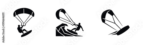 Set of three black silhouettes showing kitesurfers in action, jumping and riding waves, designed as minimalist icons on a white background.