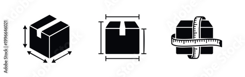 Set of vector icons for package dimensions and box measurement, showing length, width, height, and girth for shipping, logistics, and e-commerce.