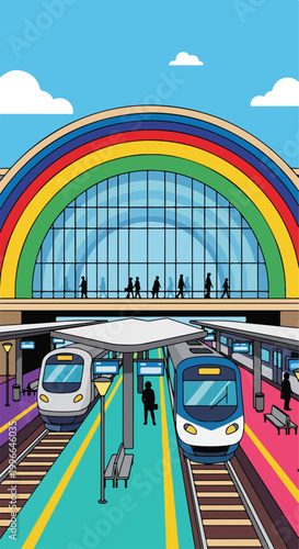 A vibrant train station with a rainbow roof