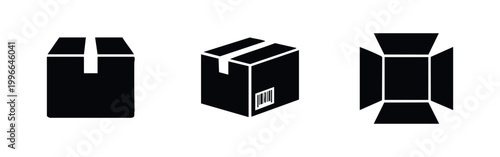 Set of three black box icons representing closed, taped, and open packaging for shipping and logistics on a white background.