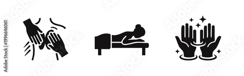 Minimalist black vector icons representing massage therapy, spa wellness treatments, relaxation techniques, and professional bodywork services.