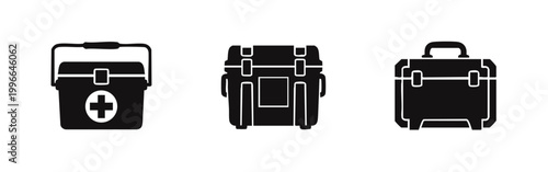 Set of three flat black icons featuring a medical first aid kit and two rugged heavy-duty equipment cases, isolated on a white background.