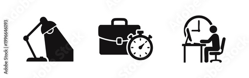 Set of black minimalist office and time management icons including a desk lamp, briefcase with stopwatch, and a professional working at a computer.