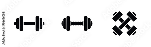 Set of three black dumbbell icons representing fitness, gym, and bodybuilding. Vector silhouettes of weightlifting equipment on white background.