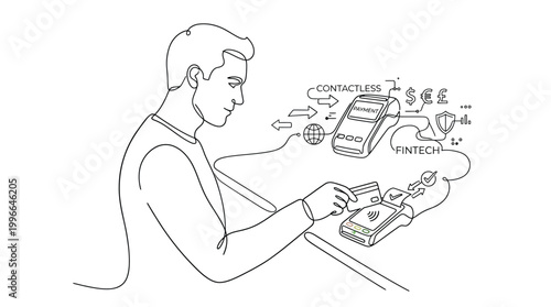 Continuous line drawing of a man making a contactless payment with a credit card at a payment terminal, fintech concept, digital transaction, financial technology