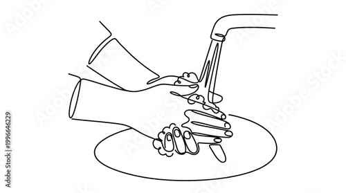 Photos Continuous line drawing of washing hands with soap and water under a faucet, hyg