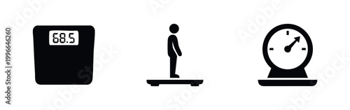 Set of minimalist black icons featuring a digital bathroom scale, a person being weighed, and an analog dial scale on a white background.