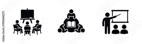 Set of minimalist black icons representing education, classroom learning, group study, and professional training presentations on white background.