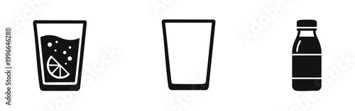Minimalist black icons representing a glass of soda with lemon, an empty glass, and a plastic bottle. Perfect for beverage and menu design.