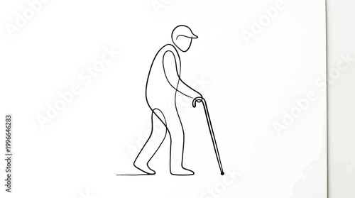 Continuous line drawing of an elderly man walking with a cane