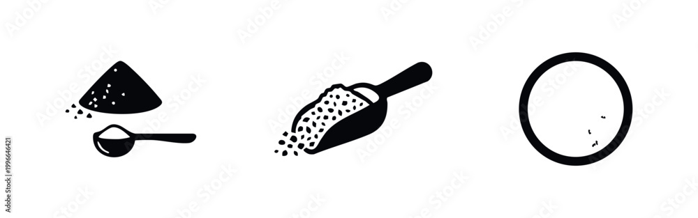 Φωτογραφία Minimalist black icons featuring powder with a spoon, a grain scoop, and a top-down bowl view, ideal for cooking and food prep themes