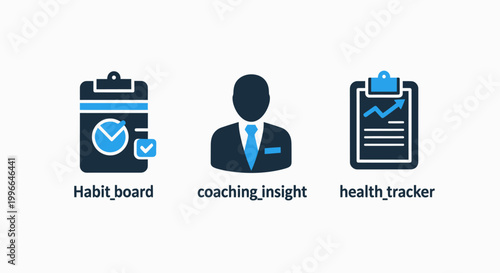 Icons for habit board coaching insight health tracker symbolizing personal development and wellness with coaching wellness progress performance analysis strategy planning objective dashboard