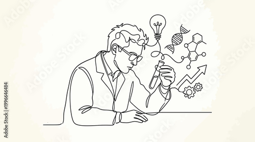 Continuous line drawing of a scientist working in a laboratory with test tube, light bulb, dna, chemical formula, and growth chart icons