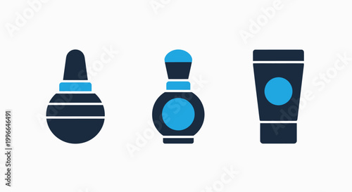 Cosmetic product bottles and tube icons with personal care cosmetic fragrance skincare container packaging wellness treatment collection illustration minimalist ointment
