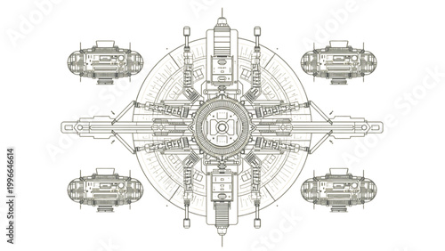 Intricate schematic diagram of a futuristic space station with docking modules, illustrating advanced engineering and cosmic exploration
