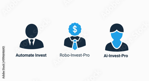 Icons for automated investing services: automate invest robo-invest pro with artificial intelligence stock market investing automation technology business investment portfolio management