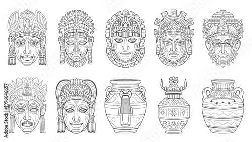 Collection of Ancient Mayan Masks and Pottery Designs, Line Art Illustrations