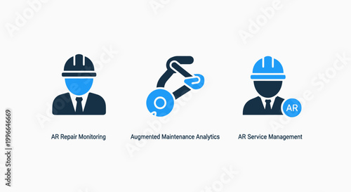 Icons of two engineers and a robotic arm one engineer using ar augmented reality industrial automation engineer industry technology automation robotics manufacturing construction machinery