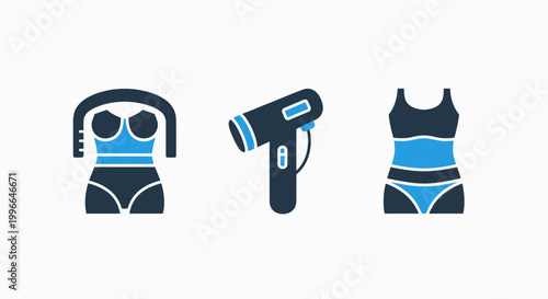 Icons of bikini hair dryer swimsuit with personal care swimsuit illustration collection combination clothing appliance minimalist abstract vacation