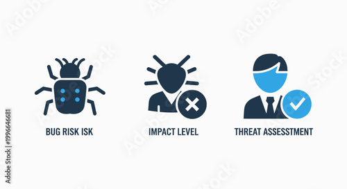 Bug risk impact level threat assessment icons with security analysis cybersecurity protection computer software information strategy planning illustration collection combination abstract