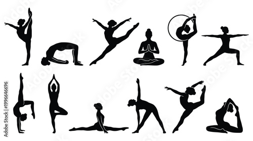 Set of yoga and gymnastics poses, silhouette of a flexible woman performing various exercises