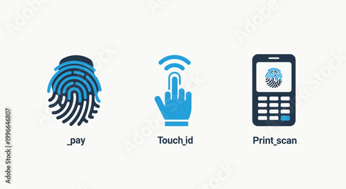 Fingerprint biometric recognition and security icons for digital identification and access control on mobile devices with fingerprint biometric recognition security identification technology