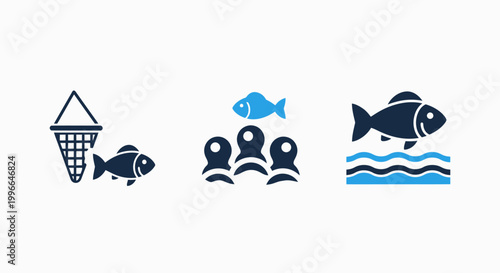 Icons representing fishing activities fish populations marine life in water environments dark blue aquaculture activity wildlife conservation ecosystem pictogram industry population