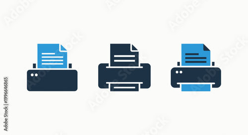 Three modern graphic icons representing printing devices and document output for business and office use with white background document technology business computer equipment illustration