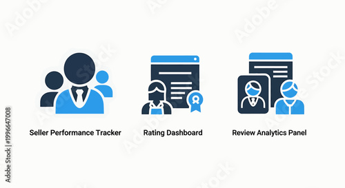 Business analytics icons for seller performance rating dashboard review analysis panel performance tracking dashboard analytics analysis business marketing customer feedback evaluation