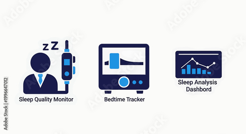 Digital sleep quality monitor bedtime tracker sleep analysis dashboard icons representing health and wellness technology personal care self care user interface web design tracking system