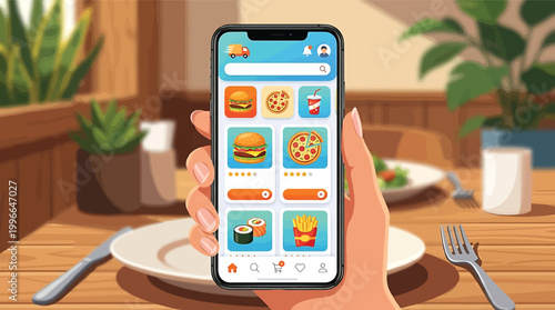 A person holding a smartphone displaying a food delivery app interface on a restaurant table background