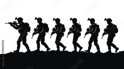 Silhouette of a squad of soldiers walking in a line, tactical patrol formation, military infantry unit on a mission