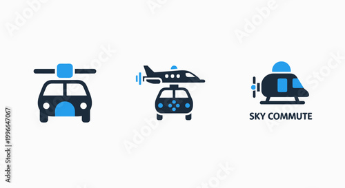 Sky commute flying car e vtol icons for future urban air mobility and advanced aerial transportation concepts with vertical takeoff drone taxi smart city transport system zero emission aircraft