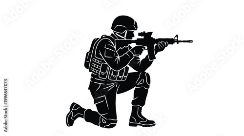 Silhouette of a soldier in combat gear kneeling and aiming with a rifle