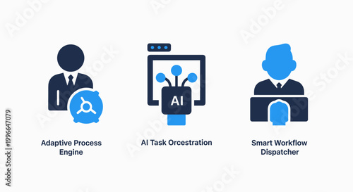 Adaptive process engine AI task orchestration smart workers dispatcher icons for artificial intelligence automation workforce optimization with digital transformation machine learning deep learning