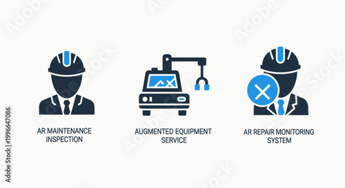 Smart wear inspection augmented equipment service remote monitoring system icons for industry 4.0 with augmented reality hard hat inspection engineer maintenance industry industrial technology