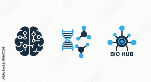 Ai brain DNA helix biotechnology hub icons representing science genetics innovation with artificial intelligence digital brain genetic engineering molecular biology computational biology molecule