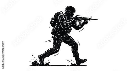 Silhouette of a soldier running in tactical gear with a rifle, dynamic military action pose, combat infantryman in motion, black and white vector illustration