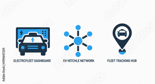 Electric vehicle fleet dashboard connected network gps tracking hub icons electric car smart city dashboard tracking connected vehicles management logistics transport location