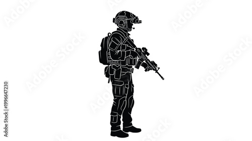 Silhouette of a soldier in full tactical gear, wearing a helmet with night vision goggles, carrying an assault rifle, standing in a ready position, vector illustration