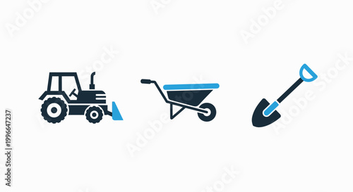 Construction and farming equipment: tractor wheelbarrow shovel icons with construction equipment wheelbarrow machinery building agriculture industrial engineering industry production