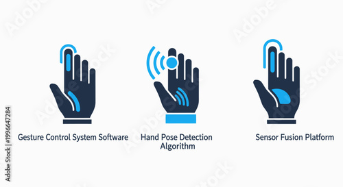 Gesture control and hand pose detection technology icons for interactive user interfaces with human computer interaction augmented reality detection software algorithm platform technology